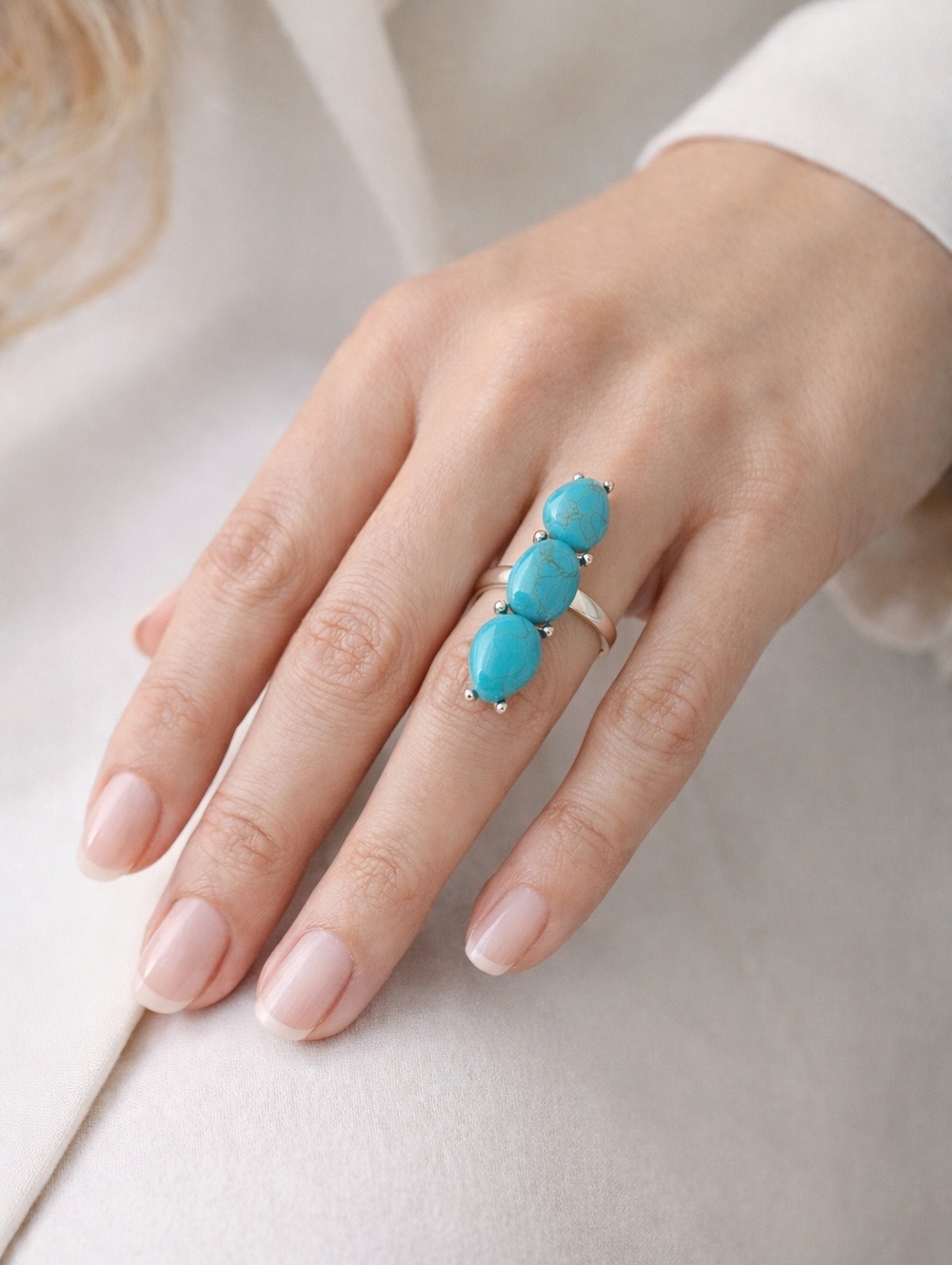 Southwestern Turquoise Triple Stone Silver Statement Ring